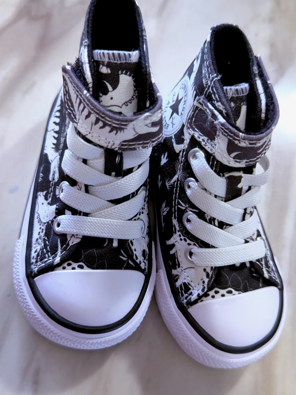 Black & White High-Top Kids Sneakers with Graphic Dinosaurs Print